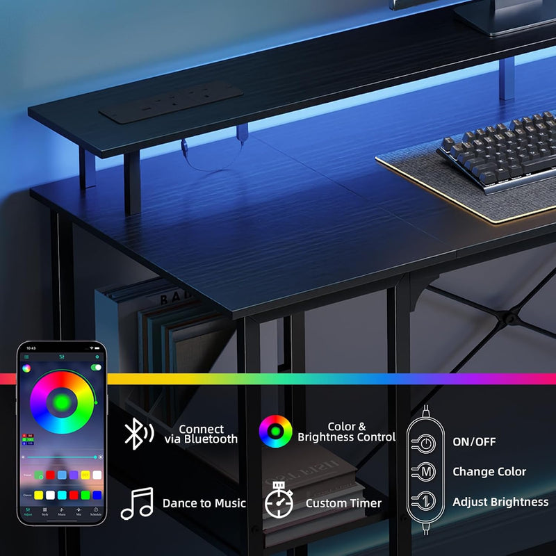 Gaming Desk with LED Light Power Outlets 100