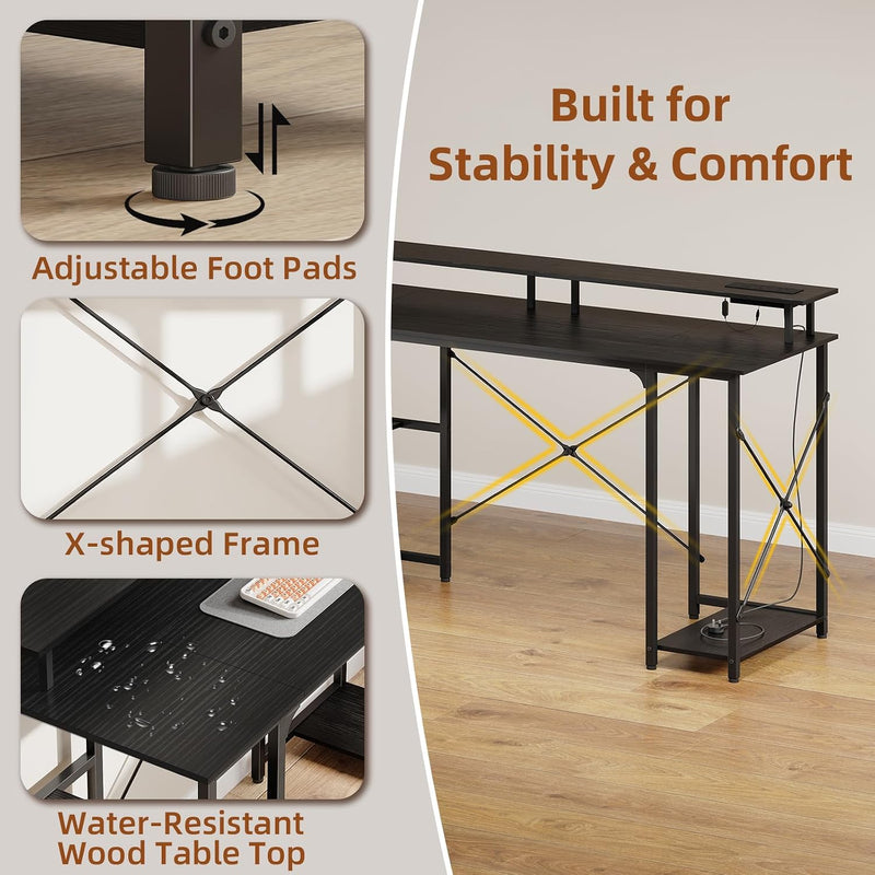 Gaming Desk with LED Light Power Outlets 100