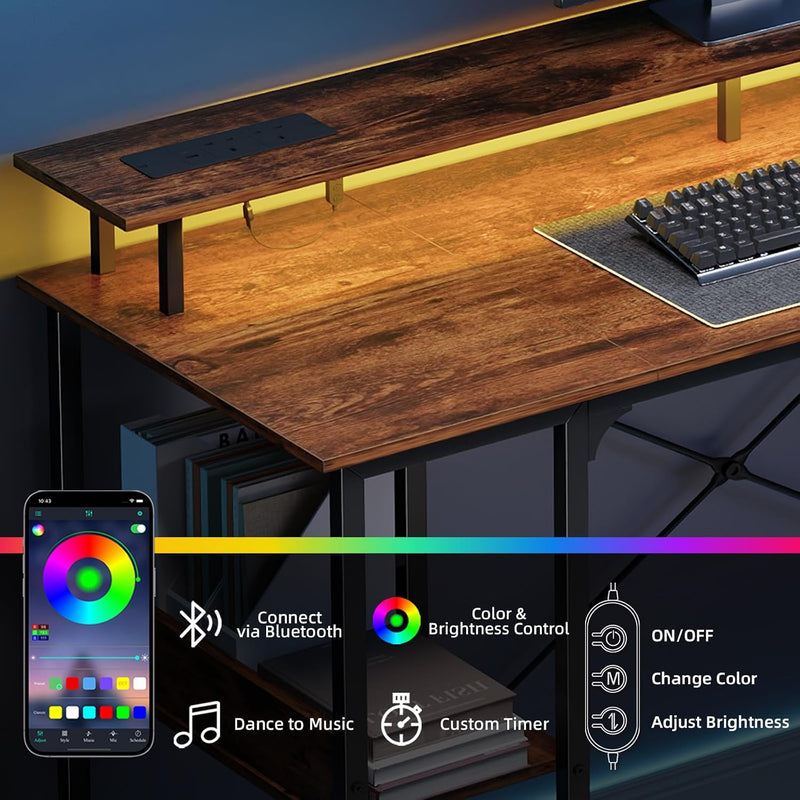 Gaming Desk with LED Light Power Outlets 100