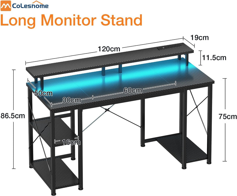 Gaming Desk with LED Lights 120x50CM Carbon