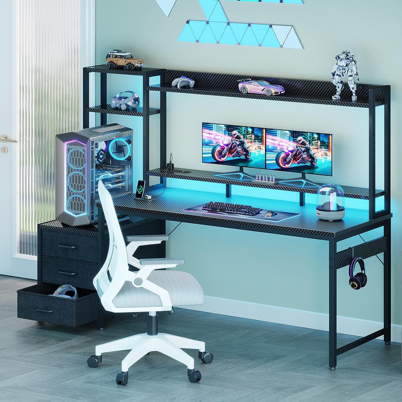 Gaming Desk with LED Lights Display Shelves Carbon