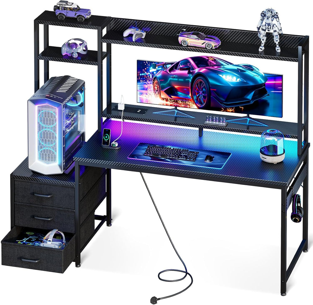Gaming Desk with LED Lights Display Shelves Carbon