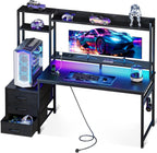 Gaming Desk with LED Lights Display Shelves Carbon