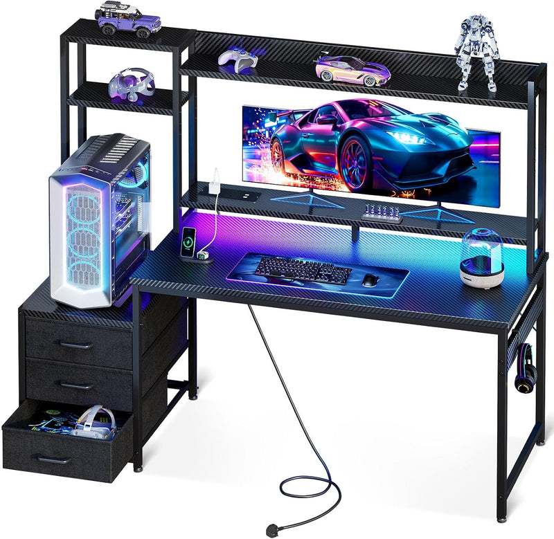 Gaming Desk with LED Lights Display Shelves Carbon