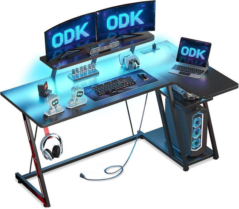 Gaming Desk with LED Lights Power Outlets