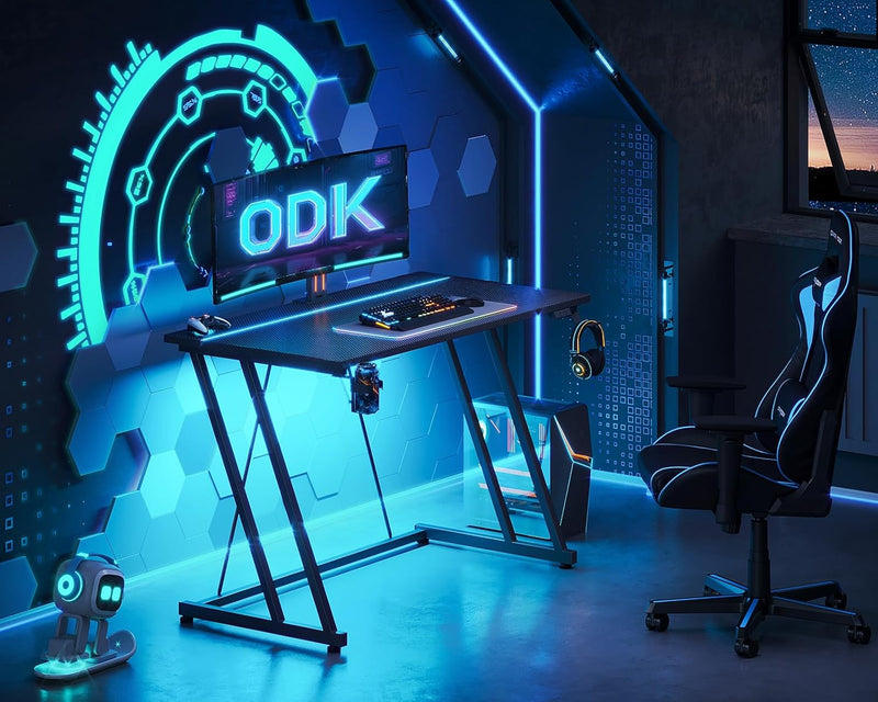 Gaming Desk with LED Lights Power Outlets
