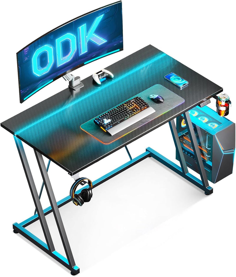 Gaming Desk with LED Lights Power Outlets