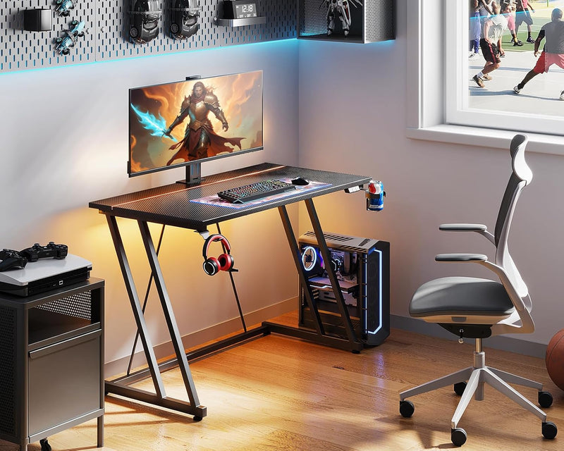Gaming Desk with LED Lights Power Outlets