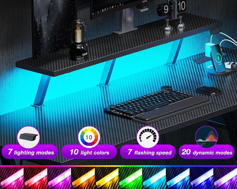 Gaming Desk with LED Lights Power Outlets