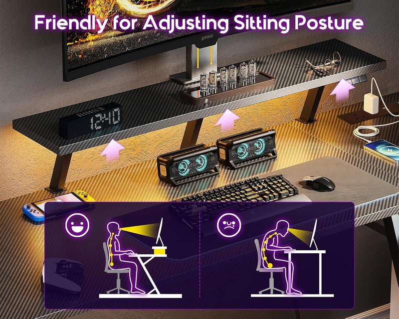 Gaming Desk with LED Lights Power Outlets