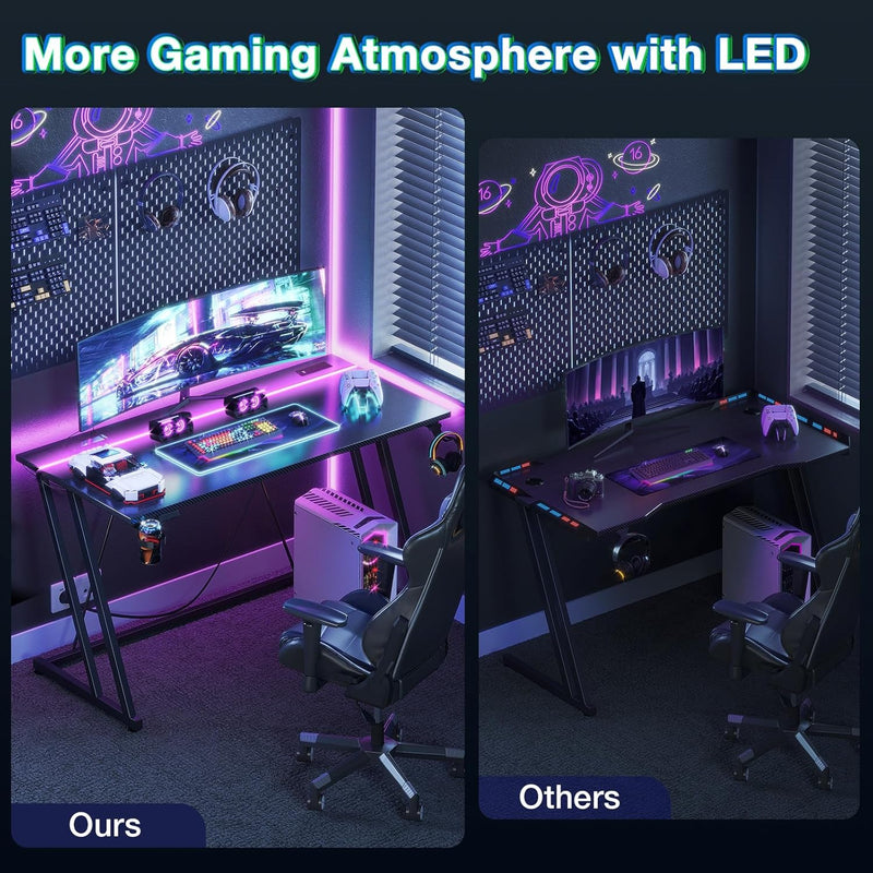 Gaming Desk with LED Lights Power Outlets