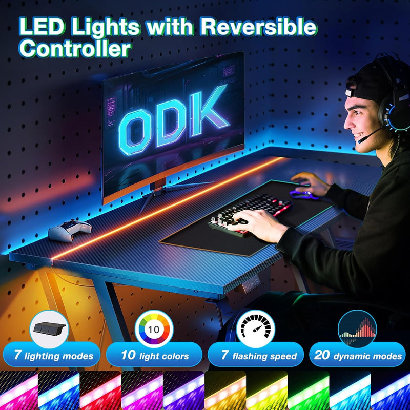 Gaming Desk with LED Lights Power Outlets