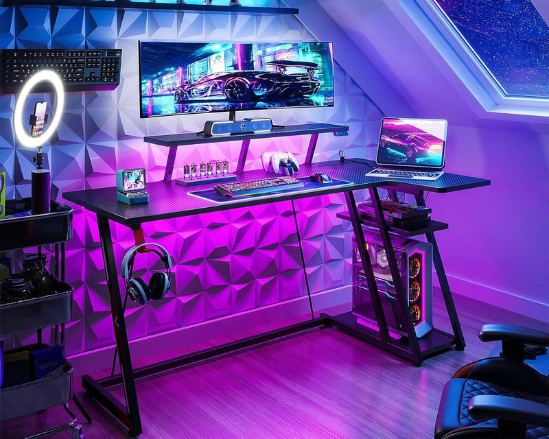 Gaming Desk with LED Lights Power Outlets