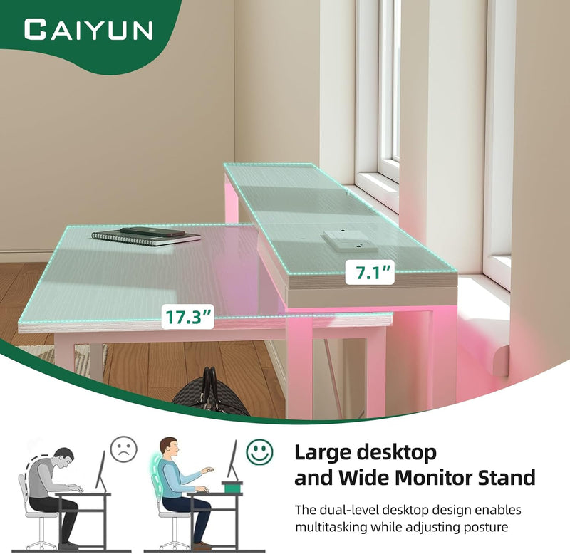 Gaming Desk with LED Lights Power Outlets 120x50CM