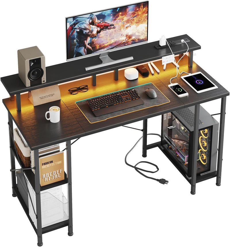 Gaming Desk with LED Lights Power Outlets 120x50CM