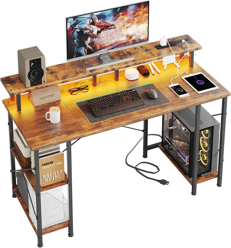 Gaming Desk with LED Lights Power Outlets 120x50CM