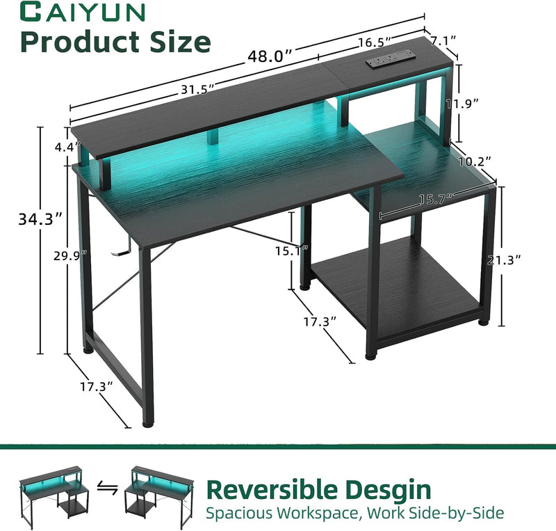 Gaming Desk with LED Lights Power Outlets 120x50CM