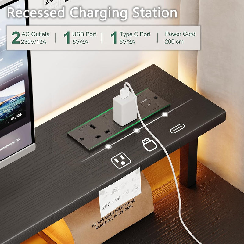 Gaming Desk with LED Lights Power Outlets 120x50CM