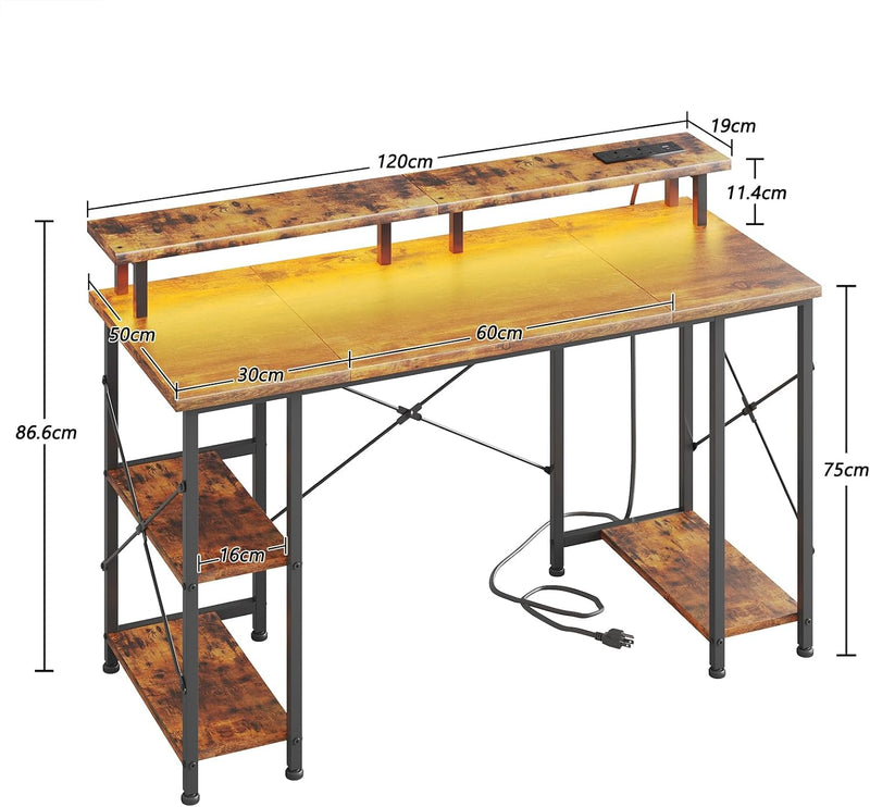 Gaming Desk with LED Lights Power Outlets 120x50CM