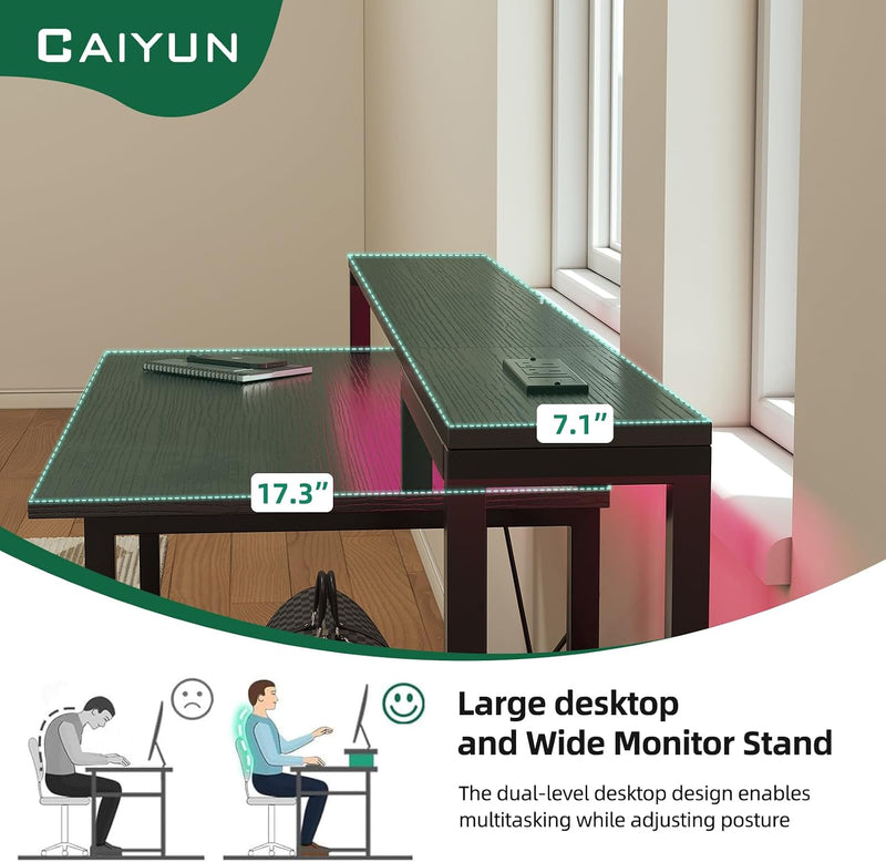 Gaming Desk with LED Lights Power Outlets 120x50CM