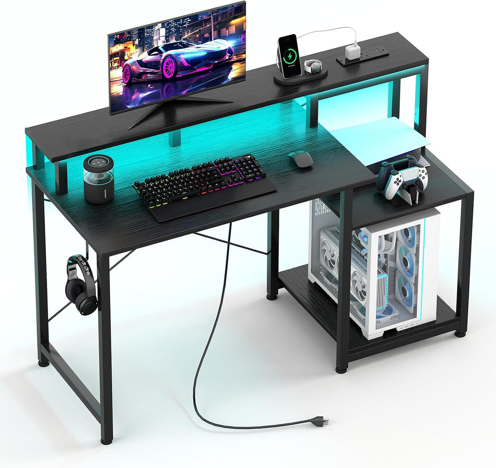 Gaming Desk with LED Lights Power Outlets 120x50CM