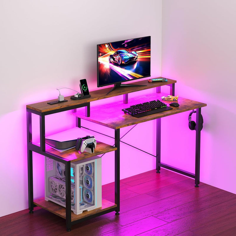 Gaming Desk with LED Lights Power Outlets 120x50CM