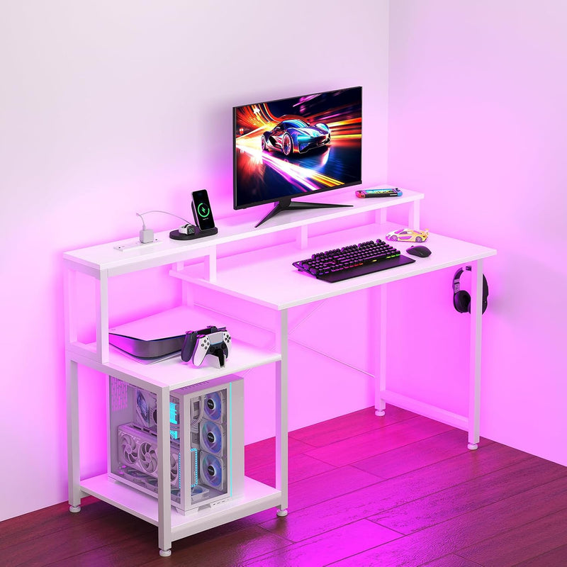 Gaming Desk with LED Lights Power Outlets 120x50CM