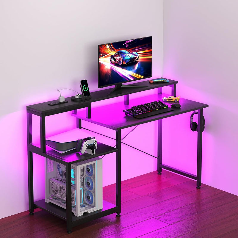 Gaming Desk with LED Lights Power Outlets 120x50CM