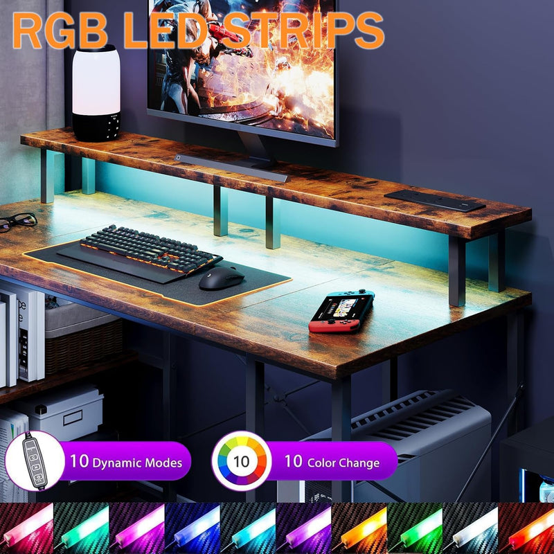 Gaming Desk with LED Lights Power Outlets 120x50CM