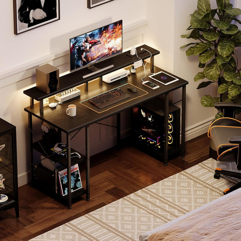 Gaming Desk with LED Lights Power Outlets 120x50CM
