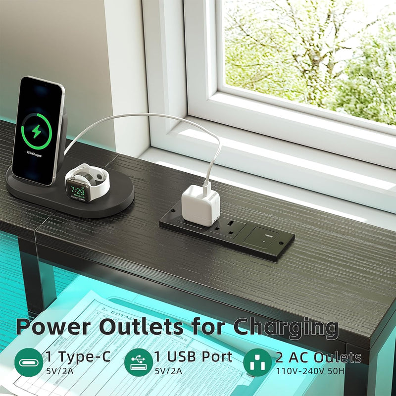 Gaming Desk with LED Lights Power Outlets 120x50CM