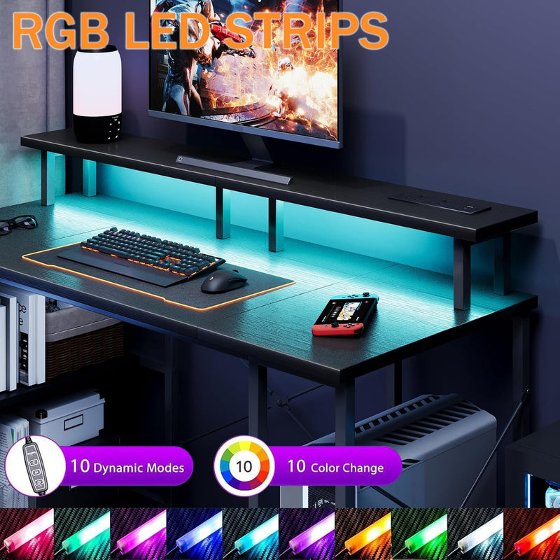 Gaming Desk with LED Lights Power Outlets 120x50CM