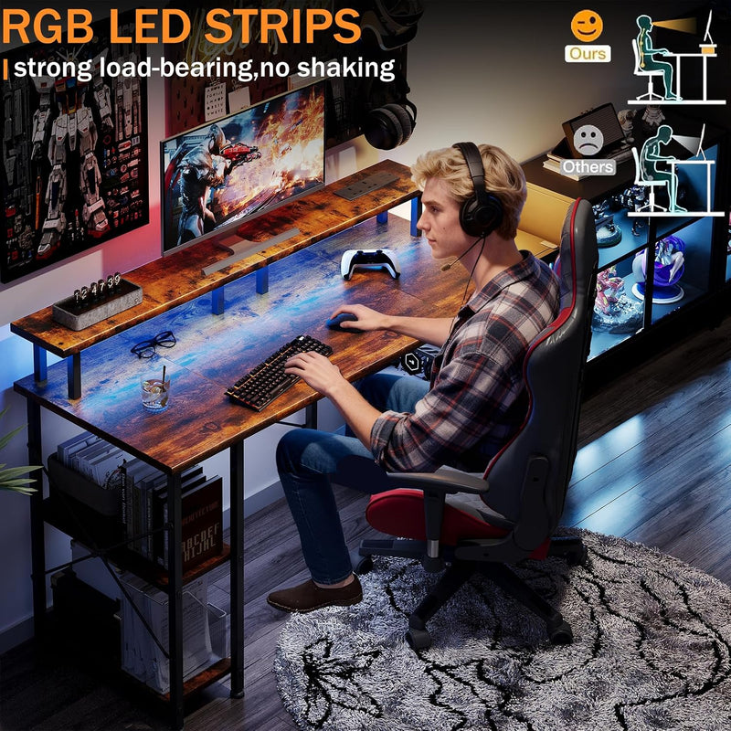 Gaming Desk with LED Lights Power Outlets 120x50CM