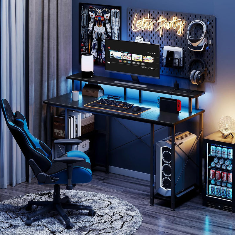 Gaming Desk with LED Lights Power Outlets 120x50CM