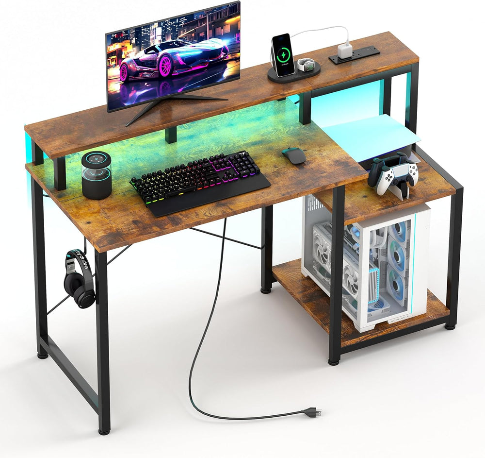 Gaming Desk with LED Lights Power Outlets 120x50CM