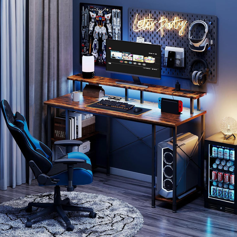 Gaming Desk with LED Lights Power Outlets 120x50CM