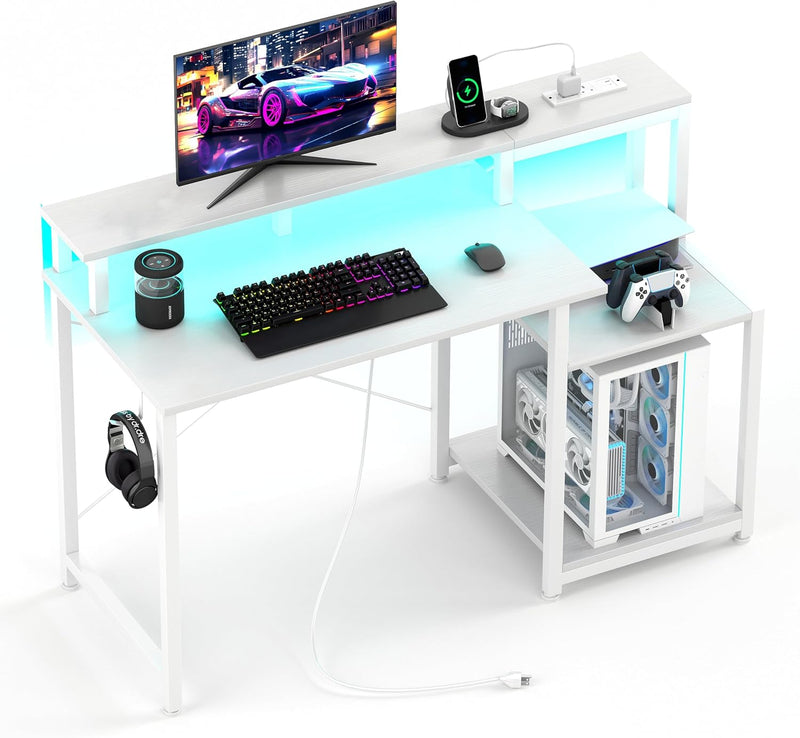 Gaming Desk with LED Lights Power Outlets 120x50CM