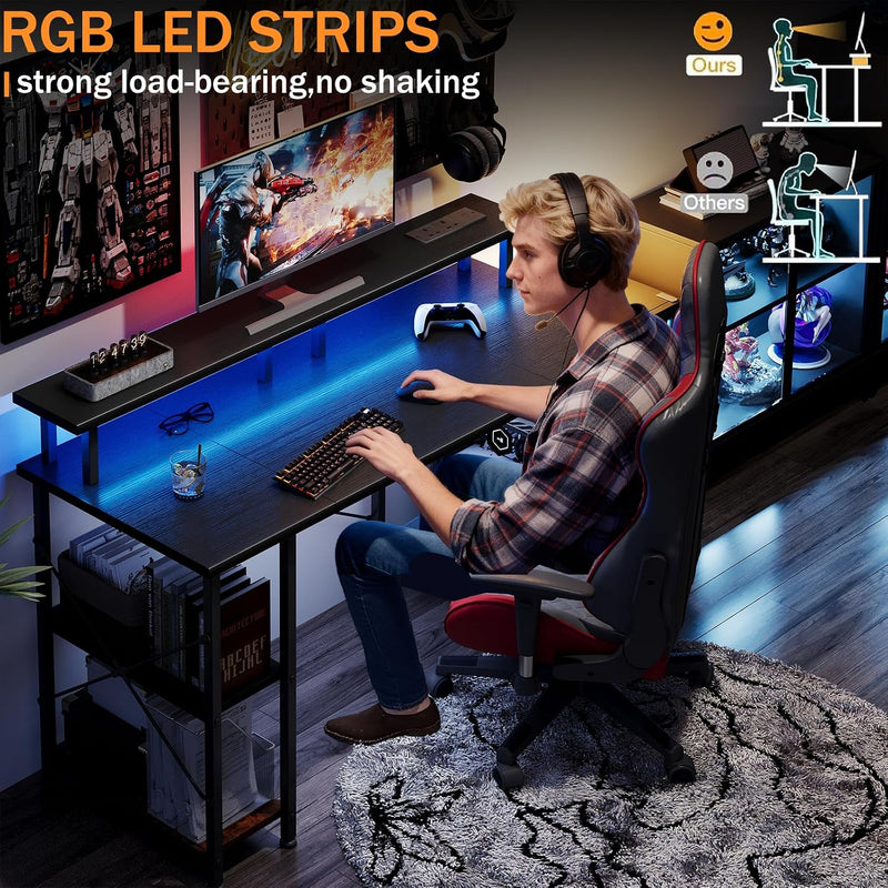 Gaming Desk with LED Lights Power Outlets 120x50CM