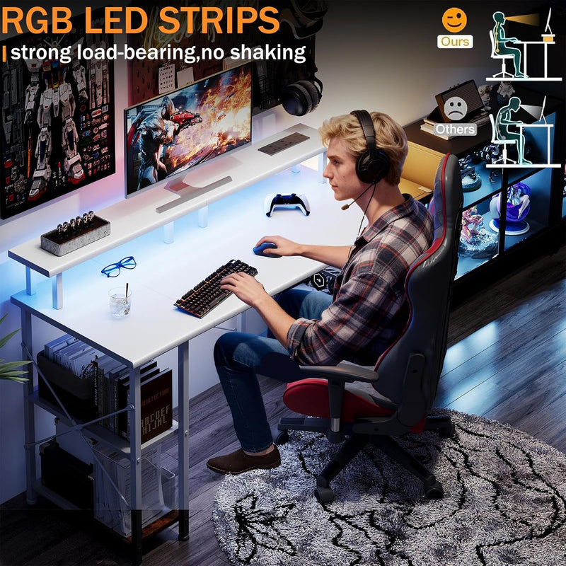 Gaming Desk with LED Lights Power Outlets 120x50CM