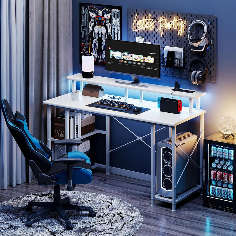 Gaming Desk with LED Lights Power Outlets 120x50CM