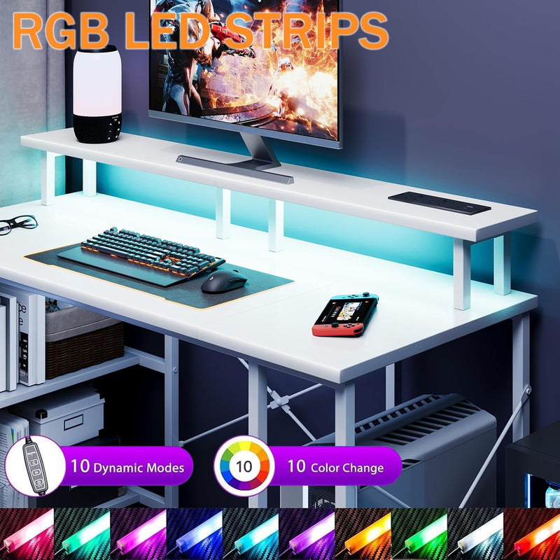 Gaming Desk with LED Lights Power Outlets 120x50CM