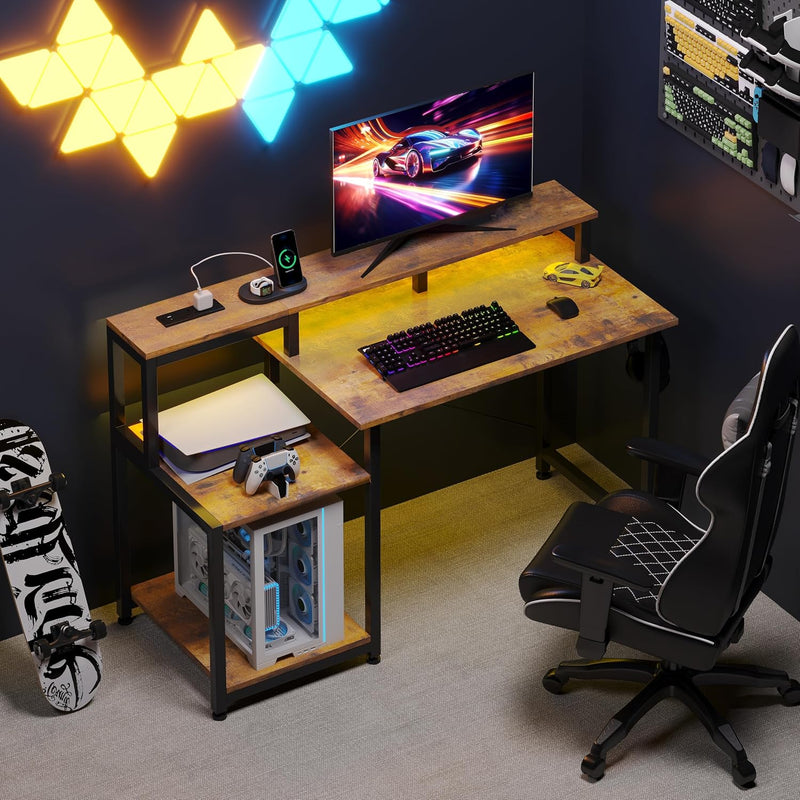 Gaming Desk with LED Lights Power Outlets 120x50CM