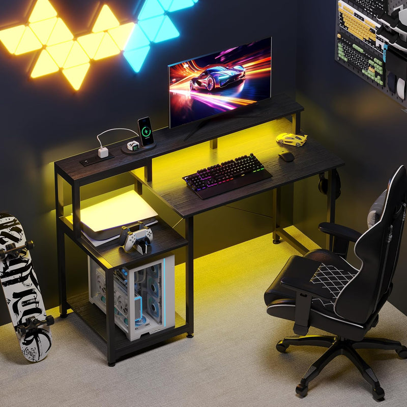 Gaming Desk with LED Lights Power Outlets 120x50CM