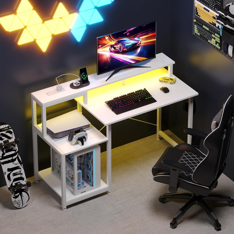 Gaming Desk with LED Lights Power Outlets 120x50CM