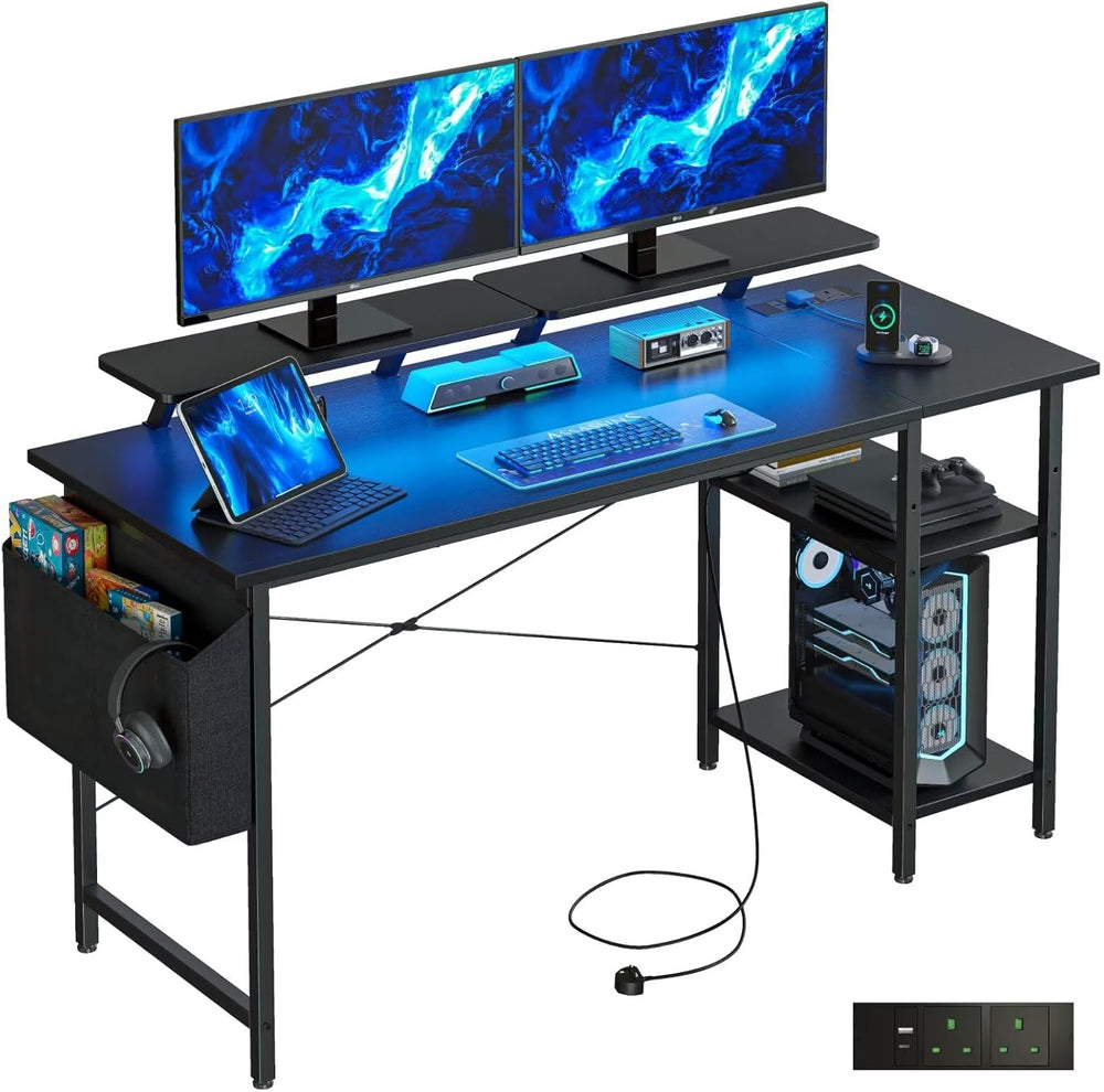 Gaming Desk with LED Lights Power Outlets Reversible