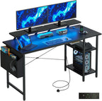 Gaming Desk with LED Lights Power Outlets Reversible