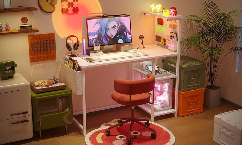 Gaming Desk with Pegboard Power Outlet LED Light