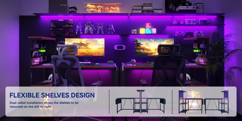 Gaming Desk with Pegboard Power Outlet LED Light