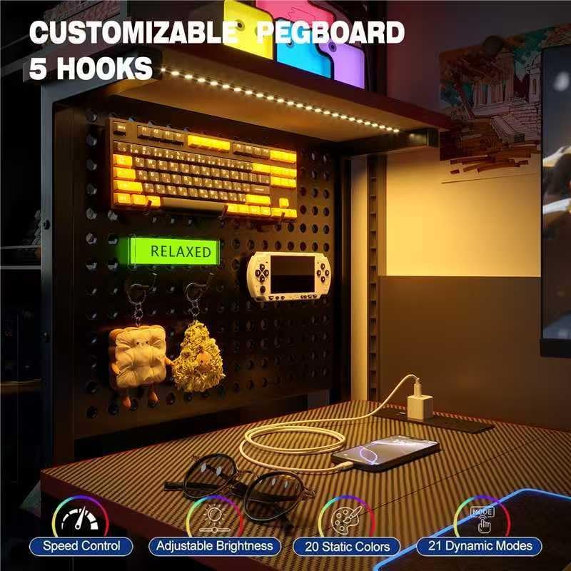 Gaming Desk with Pegboard Power Outlet LED Light