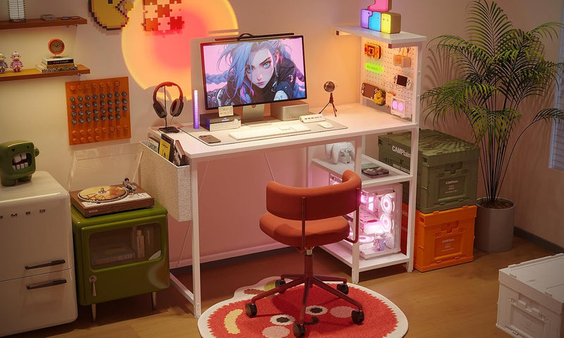 Gaming Desk with Pegboard Power Outlet LED Light